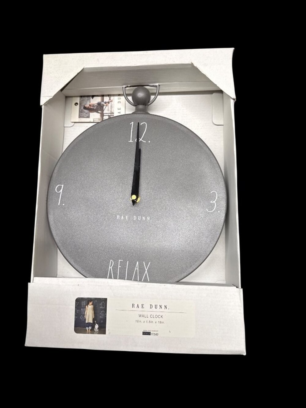 Rae Dunn “RELAX” Wall Clock Grey Metal Finish New in Box